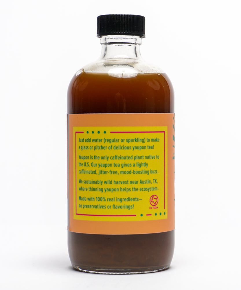 
                  
                    Info panel on bottle of Lost Pines Yaupon peach yaupon tea concentrate.
                  
                