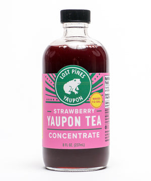 
                  
                    Bottle of Lost Pines Yaupon strawberry yaupon tea concentrate.
                  
                