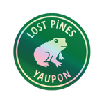 Lost Pines Yaupon tea holographic logo. Toad with the words Lost Pines above and Yaupon below.