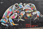 Mural of two Houston Toads painted in Austin Texas by British artist Louis Masai. The toads are made of quilts. Below it says in red letters Endangered Only 3000-4000 Houston Toads are left in the world.