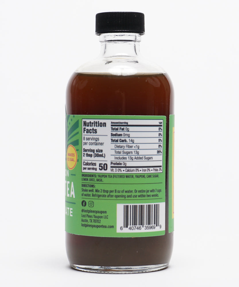 
                  
                    Nutrient panel on bottle of Lost Pines Yaupon Basil Lemon yaupon tea concentrate
                  
                