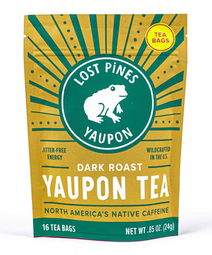 
                  
                    Package of 16 tea bags of Lost Pines Yaupon dark roast yaupon tea front of package
                  
                