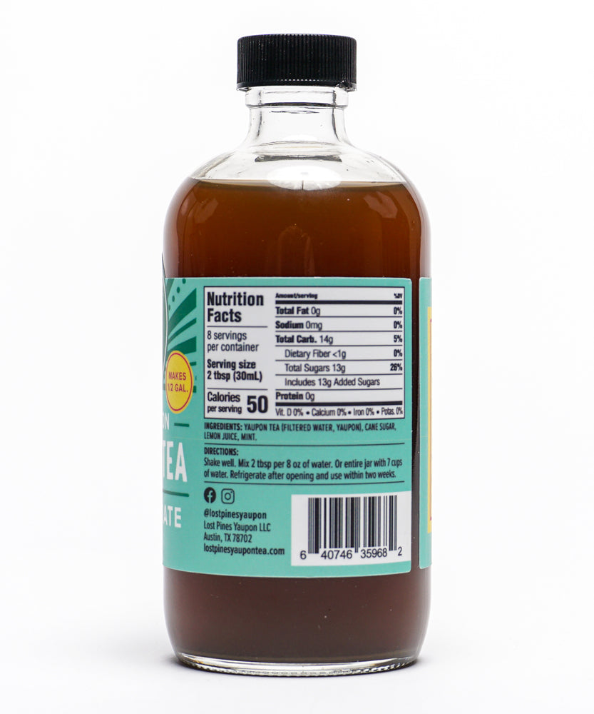 
                  
                    Nutrient Panel on bottle of Lost Pines Yaupon Mint Lemon yaupon tea concentrate.
                  
                
