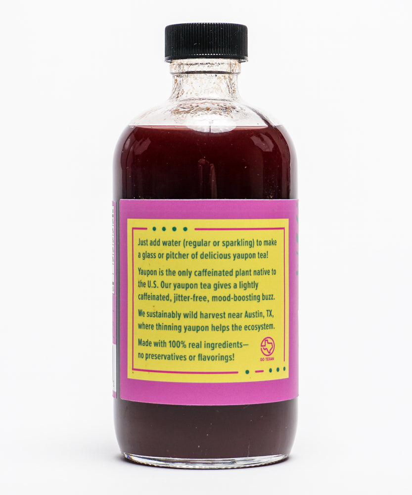 
                  
                    Info panel on bottle of Lost Pines Yaupon raspberry yaupon tea concentrate.
                  
                