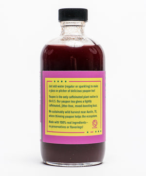 
                  
                    Info panel on bottle of Lost Pines Yaupon raspberry yaupon tea concentrate.
                  
                