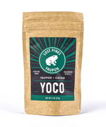 Front of package of Lost Pines Yaupon YOCO. Yaupon + cacao.