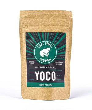 
                  
                    Front of package of Lost Pines Yaupon YOCO. Yaupon + cacao.
                  
                