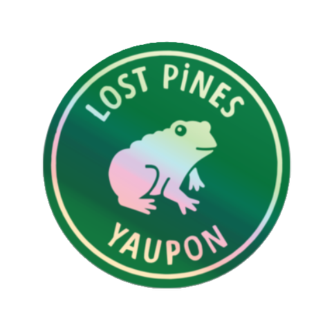 Lost Pines Yaupon tea holographic logo. Toad with the words Lost Pines above and Yaupon below.